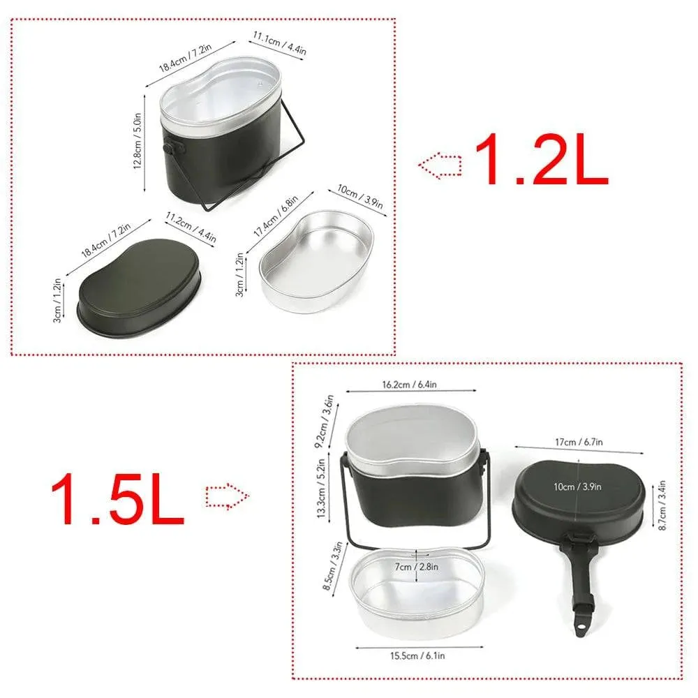 1.2L/1.5L Outdoor Military Canteen Mess Tin Kit Camping Cookware Lunch Box Cooking Pot for Backpacking Fishing Hiking Picnic