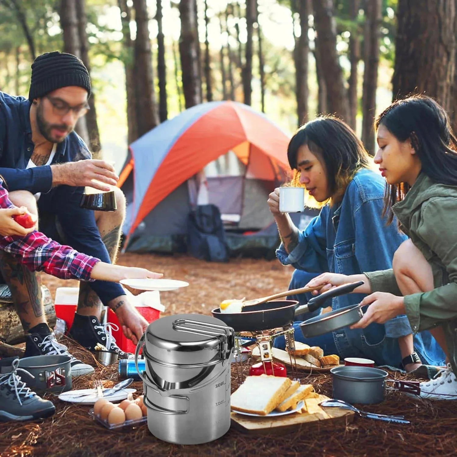 1L Stainless Steel Cooking Kettle Portable Outdoor Camping Pot Pan with Foldable Handle Backpacking Hiking Picnic Camping Kettle