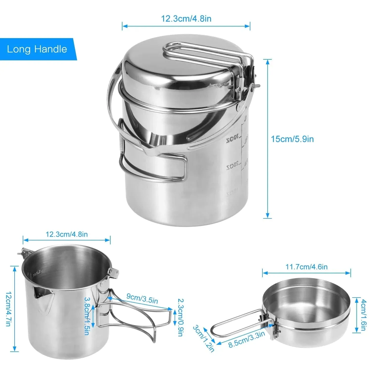 1L Stainless Steel Cooking Kettle Portable Outdoor Camping Pot Pan with Foldable Handle Backpacking Hiking Picnic Camping Kettle