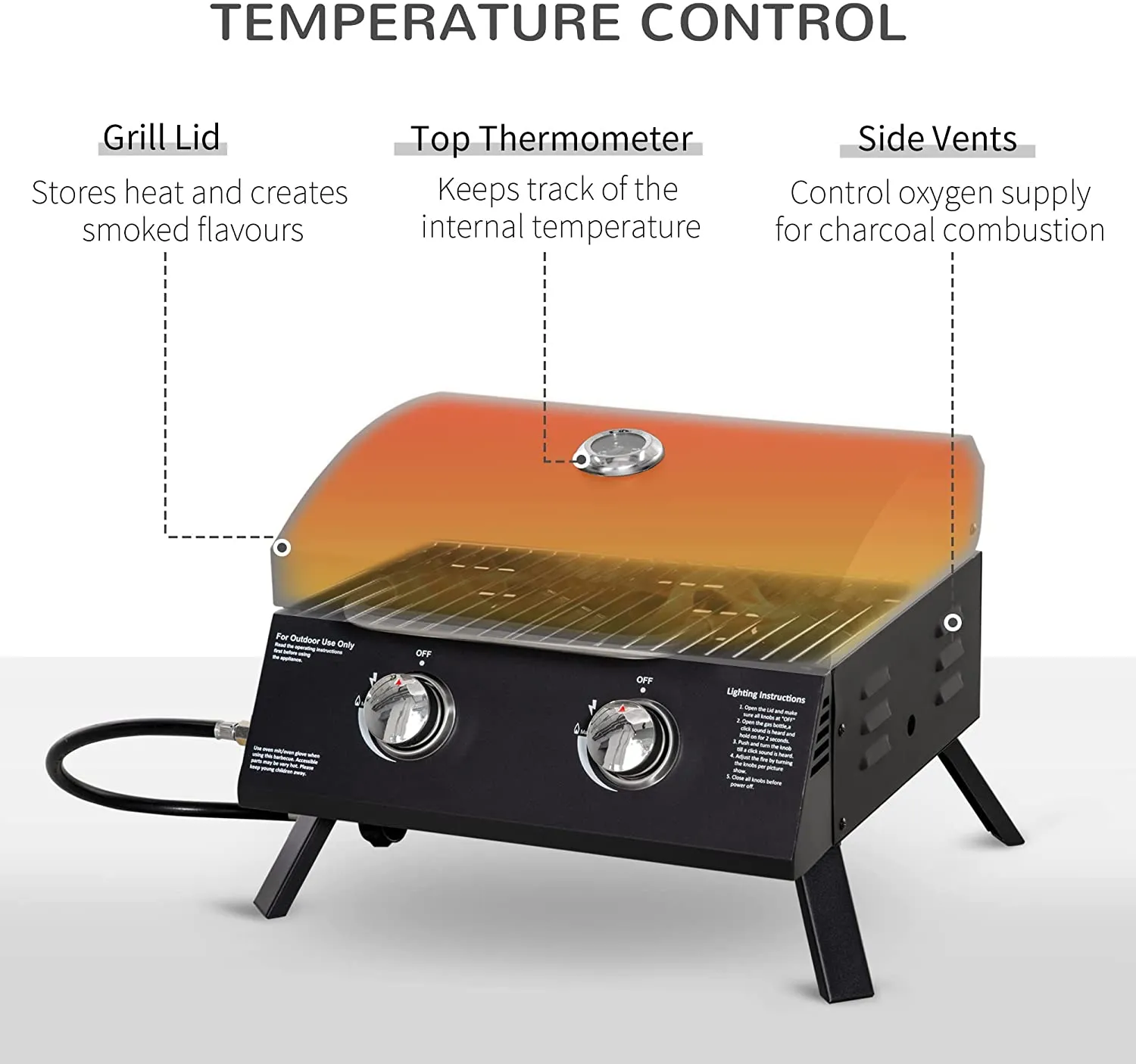 2 Burner Gas BBQ Grill Outdoor Portable Folding Tabletop Barbecue w/ Lid, Thermometer, Carbon Steel, Black