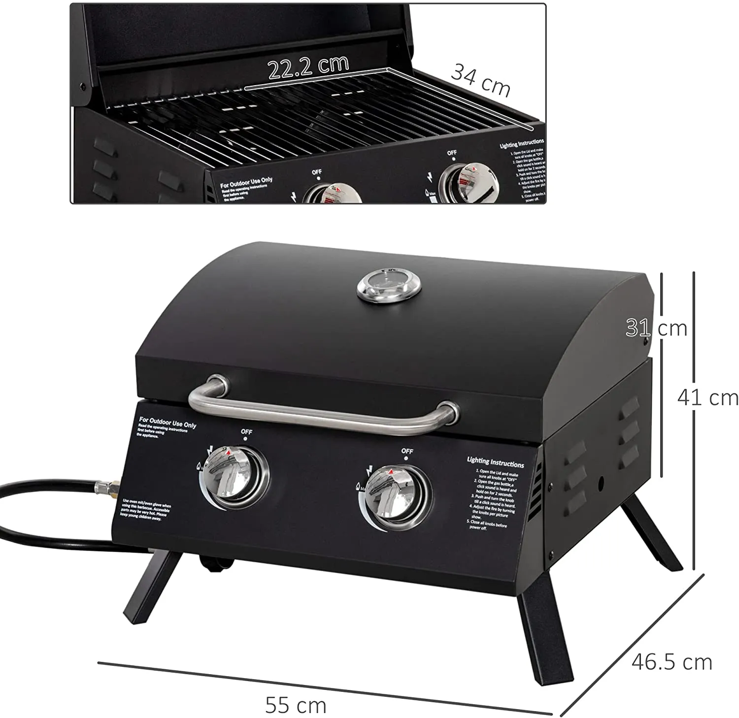 2 Burner Gas BBQ Grill Outdoor Portable Folding Tabletop Barbecue w/ Lid, Thermometer, Carbon Steel, Black