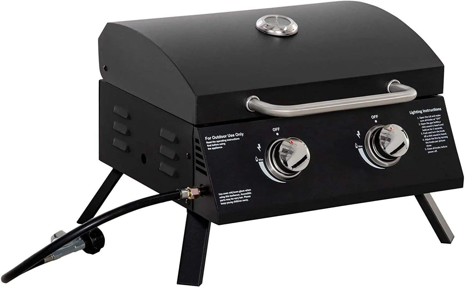 2 Burner Gas BBQ Grill Outdoor Portable Folding Tabletop Barbecue w/ Lid, Thermometer, Carbon Steel, Black