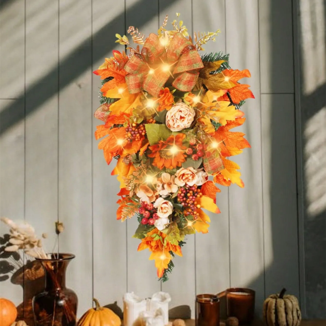 20-Inch Vibrant Fall Door Wreath - Artificial Pumpkin, Maple Leaves, and Twigs for Autumn Thanksgiving Harvest Festival Decorations - Indoor and Outdoor Use, Anniversary, Holiday, Party Decor Supplies, and Gift Idea