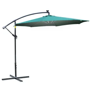 3m LED Cantilever Patio Banana Parasol w/ Crank Cross Base Hanging Offset Umbrella Frame Steel Aluminium Garden Table Outdoor Green