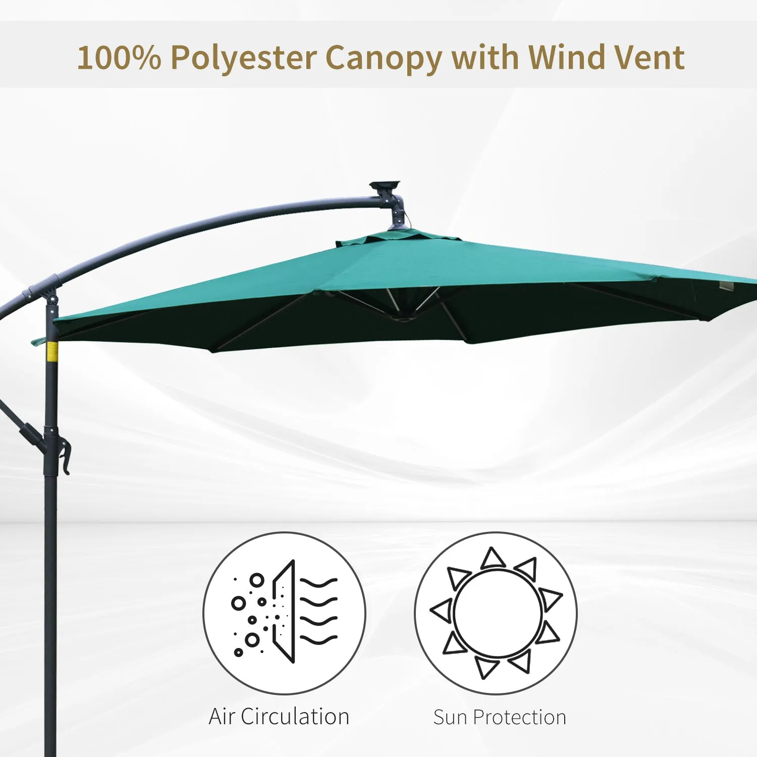 3m LED Cantilever Patio Banana Parasol w/ Crank Cross Base Hanging Offset Umbrella Frame Steel Aluminium Garden Table Outdoor Green