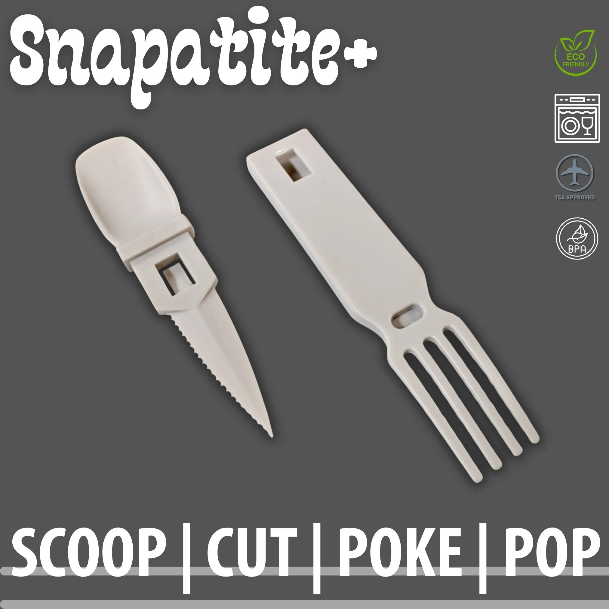 4-in-1 Snapatite  Utensil Set - Spoon, Knife, Fork, Bottle Opener (Light Grey)