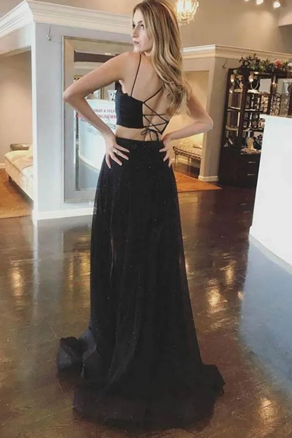 A-line Black Two Piece Spaghetti Straps Cross Back Long Prom Dress PG914