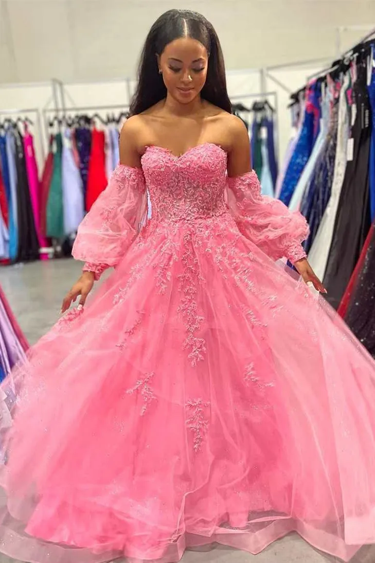 A-line Strapless Puff Long Sleeves Beaded Appliques Long Formal Prom Dress