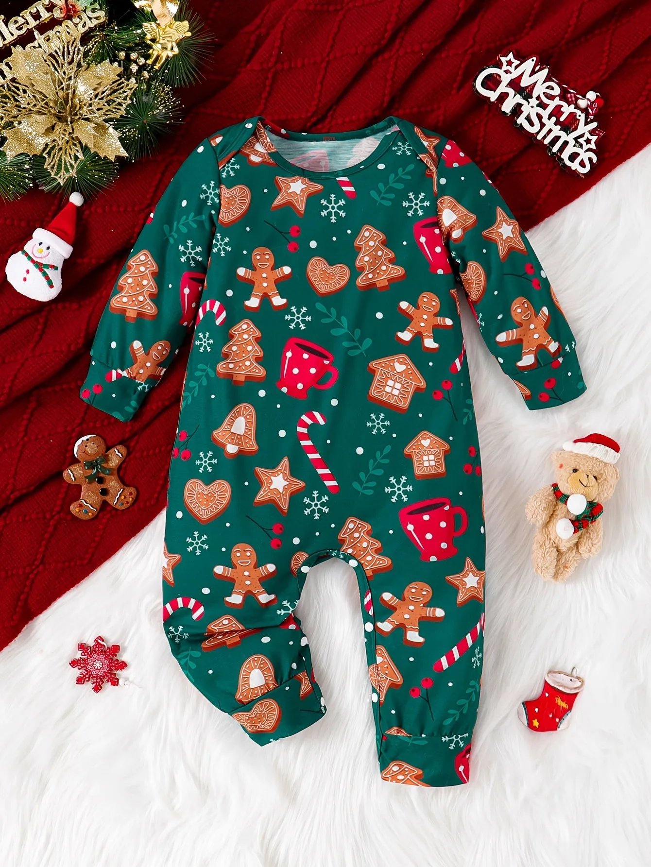 Adorable Boys' Christmas Snowman & Candy Cane Print Romper - Cozy Polyester Blend, Machine Washable - Perfect for Spring/Fall, Perfect for Outdoor