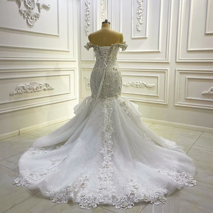 AM1062 High Quality Off Shoulder Lace Appliques 3D Flowers Detachable Skirt Wedding Dress