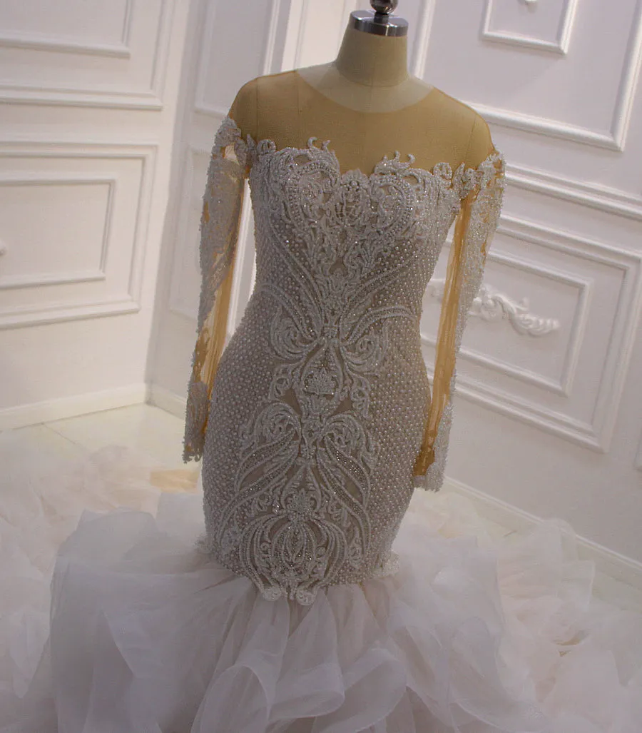 AM625 Champagne Long Lace Applique Mermaid Ruffle Wedding dress