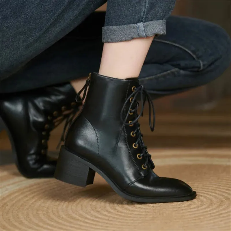 Amozae-New Autumn/Winter Split Leather Women Boots Round Toe Chunky Heels Boots for Women Short Boots Zapatos Mujer Lace High Heels