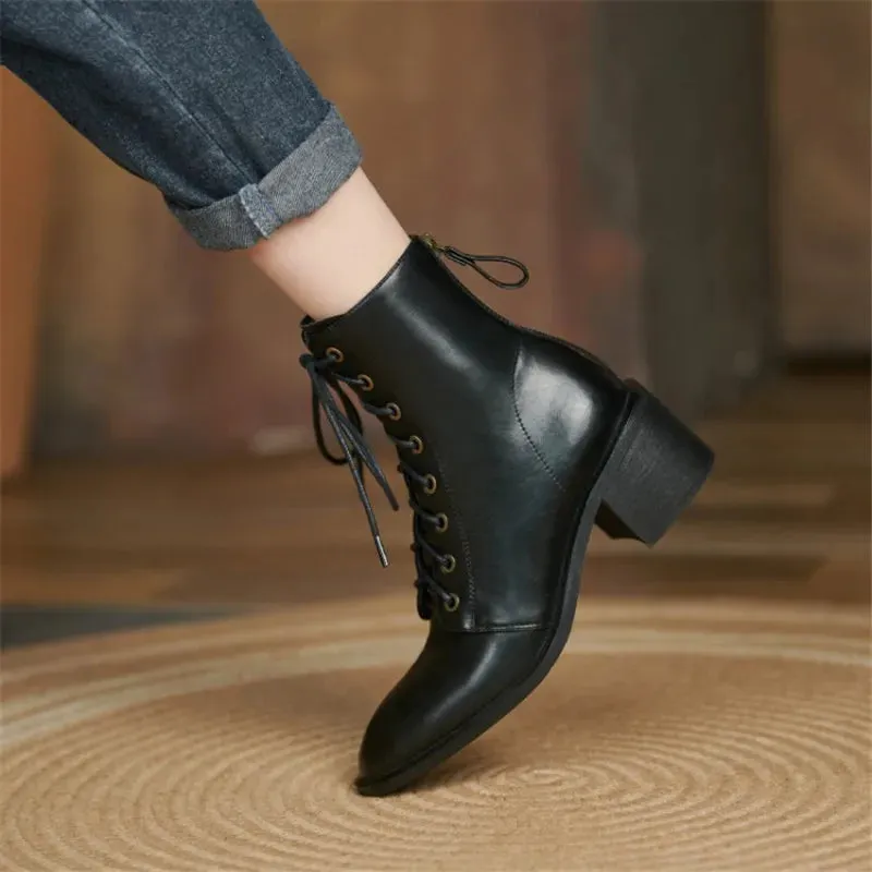 Amozae-New Autumn/Winter Split Leather Women Boots Round Toe Chunky Heels Boots for Women Short Boots Zapatos Mujer Lace High Heels