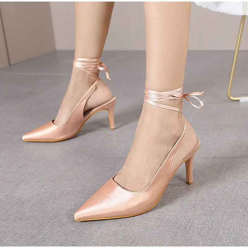 Amozae-Women's Sandals Cross-tied  Pointed Toe Thin Heels   Ladies Pumps Pu Leather Female High Heels Summer Metal Chain Party Shoes