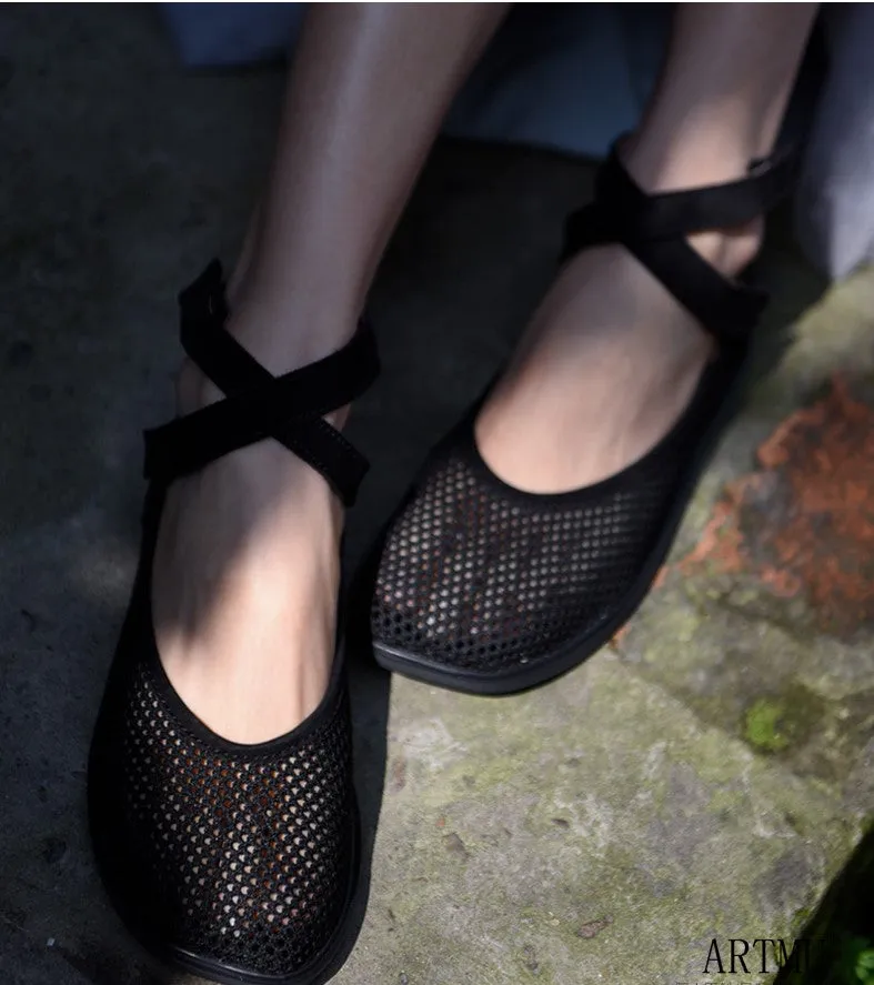 ARTMU MESH CROSS ANKLE STRAP FLAT SHOES