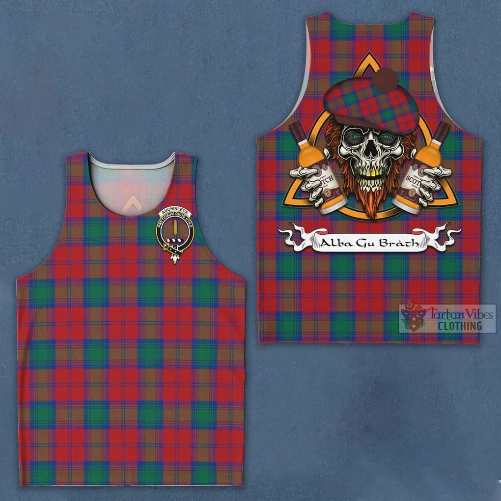 Auchinleck (Affleck) Tartan Men's Tank Top with Family Crest and Bearded Skull Holding Bottles of Whiskey