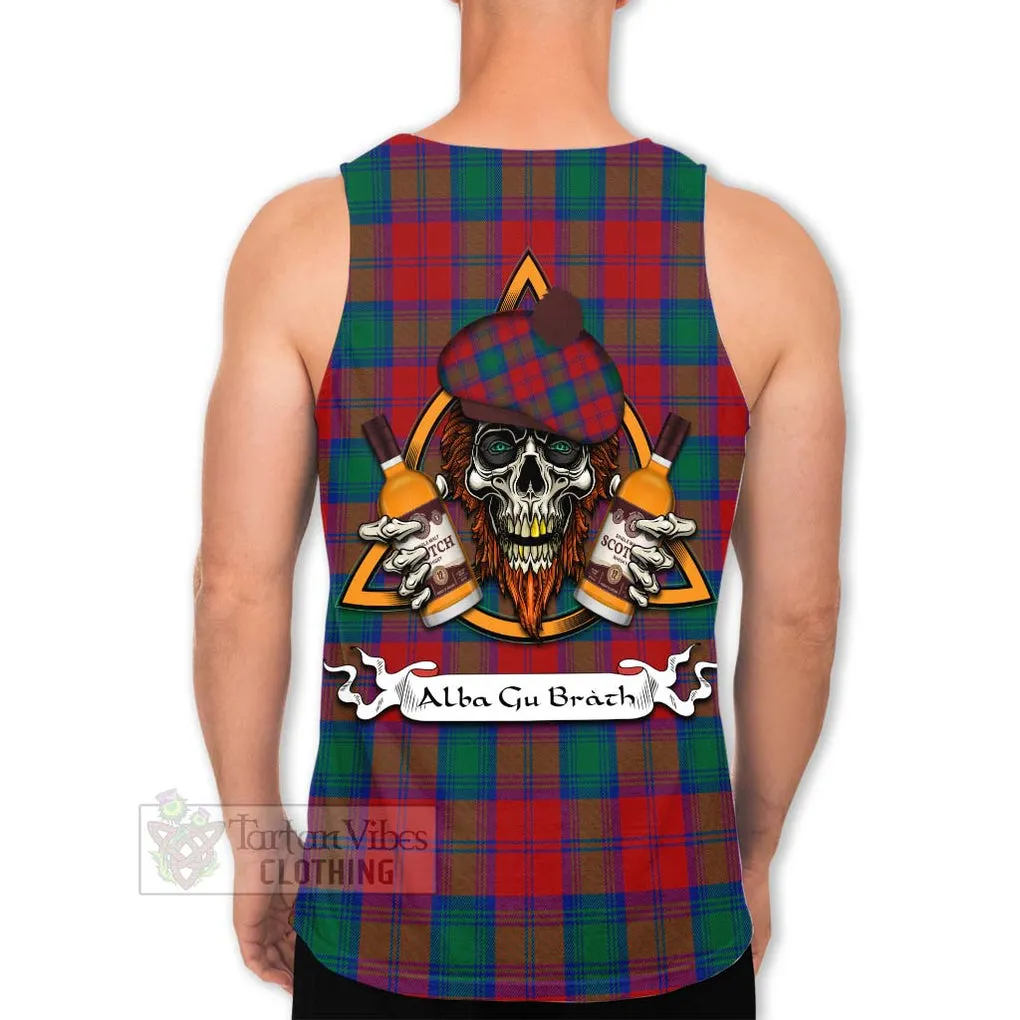 Auchinleck (Affleck) Tartan Men's Tank Top with Family Crest and Bearded Skull Holding Bottles of Whiskey