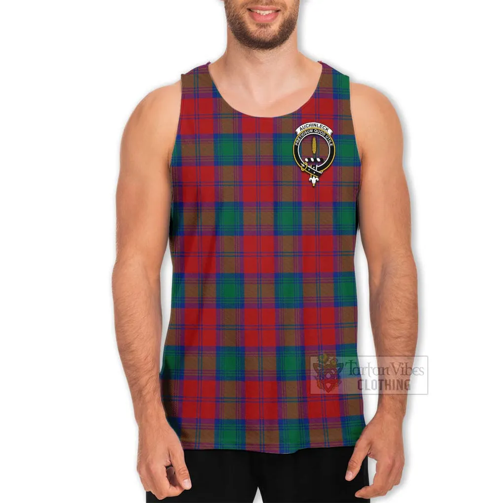 Auchinleck (Affleck) Tartan Men's Tank Top with Family Crest and Bearded Skull Holding Bottles of Whiskey