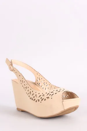 Bamboo Nubuck Perforated Peep Toe Slingback Platform Wedge