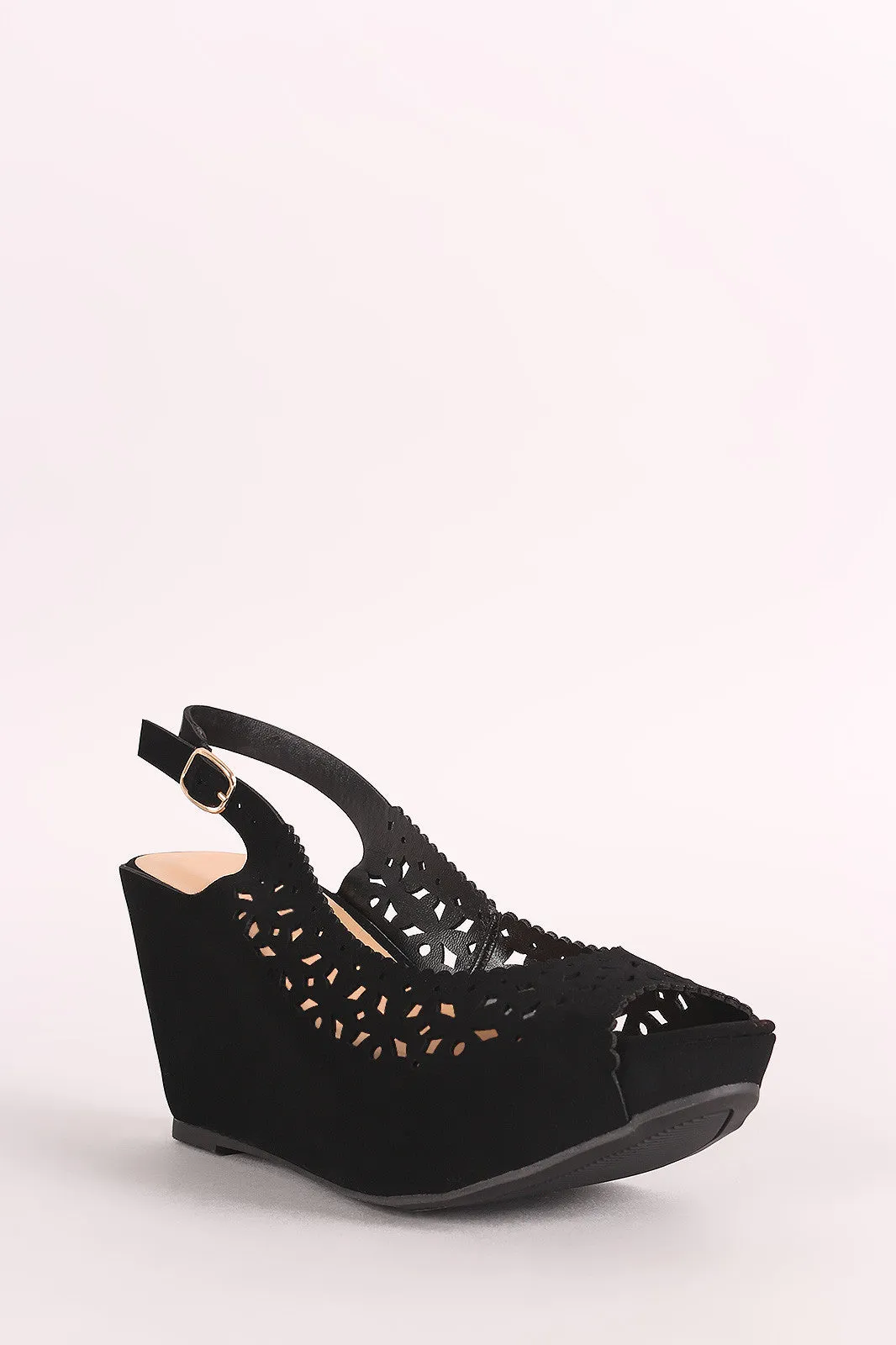 Bamboo Nubuck Perforated Peep Toe Slingback Platform Wedge