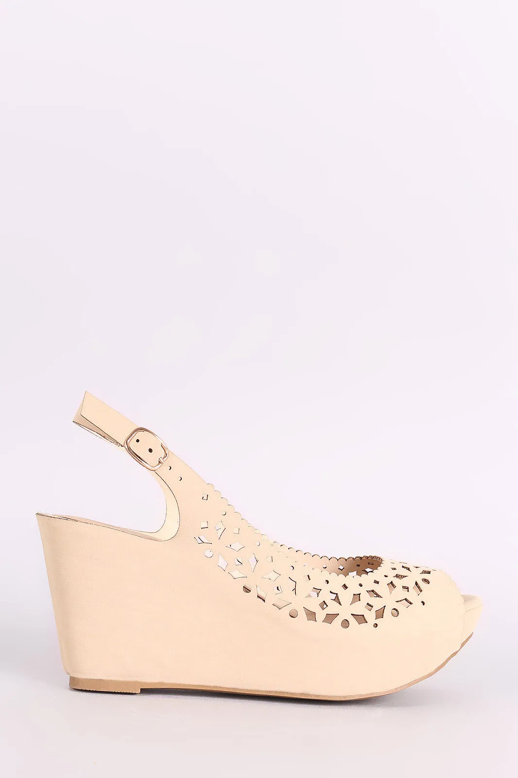 Bamboo Nubuck Perforated Peep Toe Slingback Platform Wedge