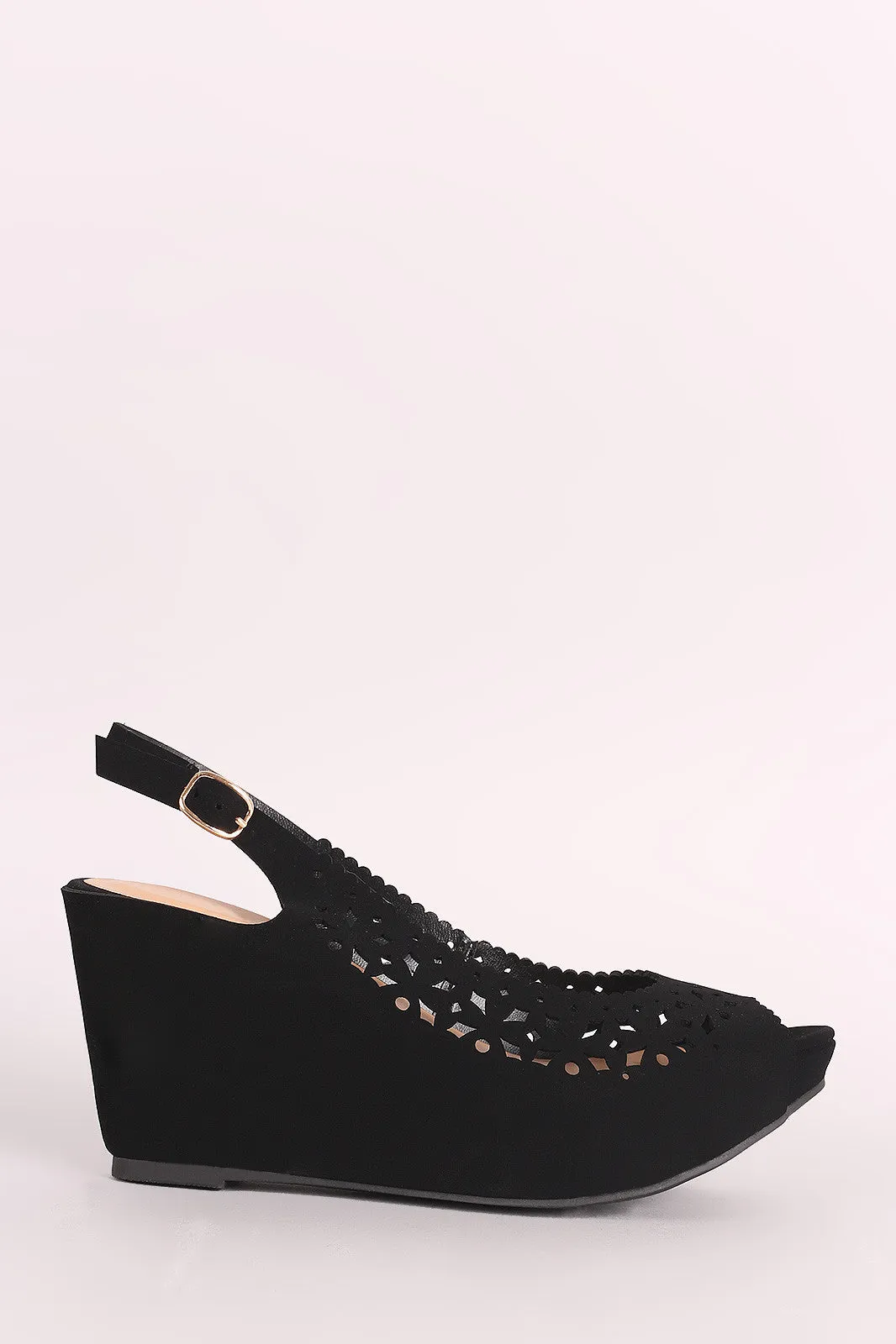 Bamboo Nubuck Perforated Peep Toe Slingback Platform Wedge