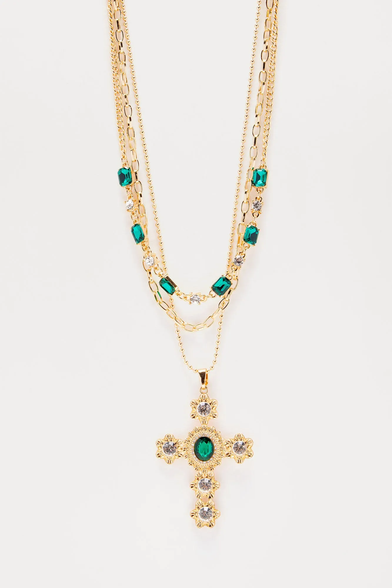 Bella Layered Cross Necklace - Gold/Green