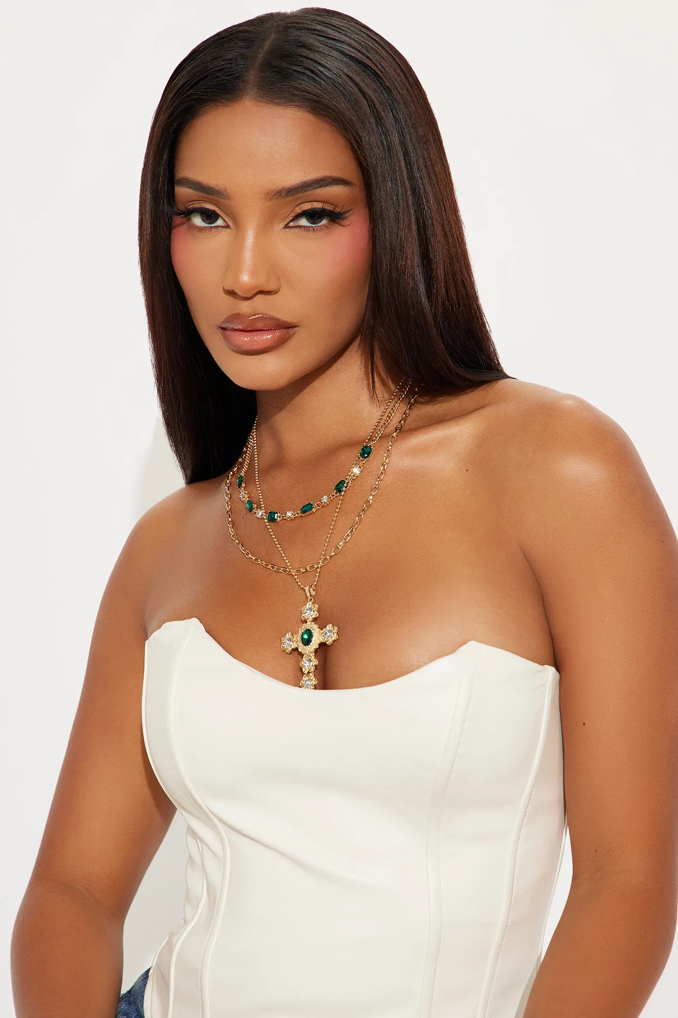 Bella Layered Cross Necklace - Gold/Green