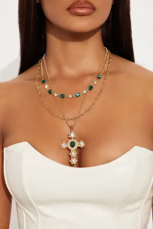 Bella Layered Cross Necklace - Gold/Green