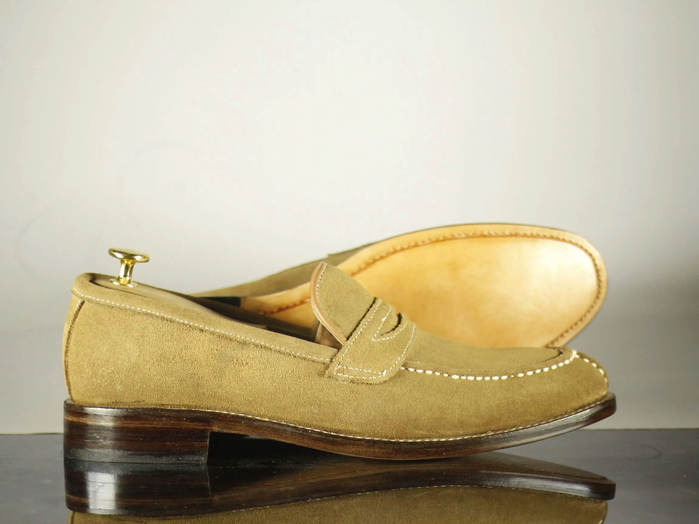 Bespoke Beige split toe Penny Loafer Leather Shoe for Men