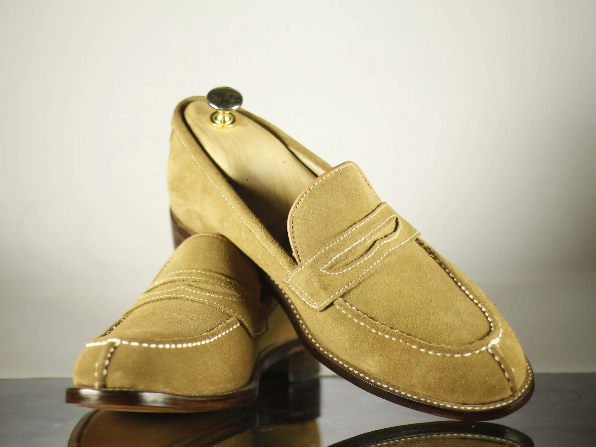 Bespoke Beige split toe Penny Loafer Leather Shoe for Men