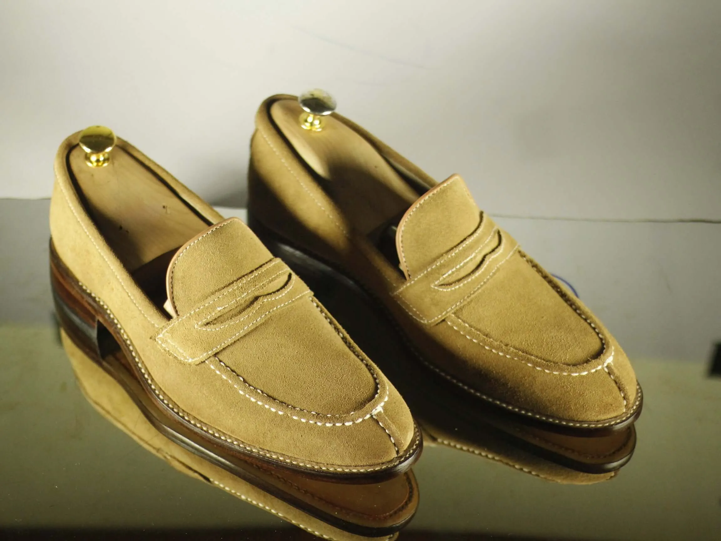 Bespoke Beige split toe Penny Loafer Leather Shoe for Men