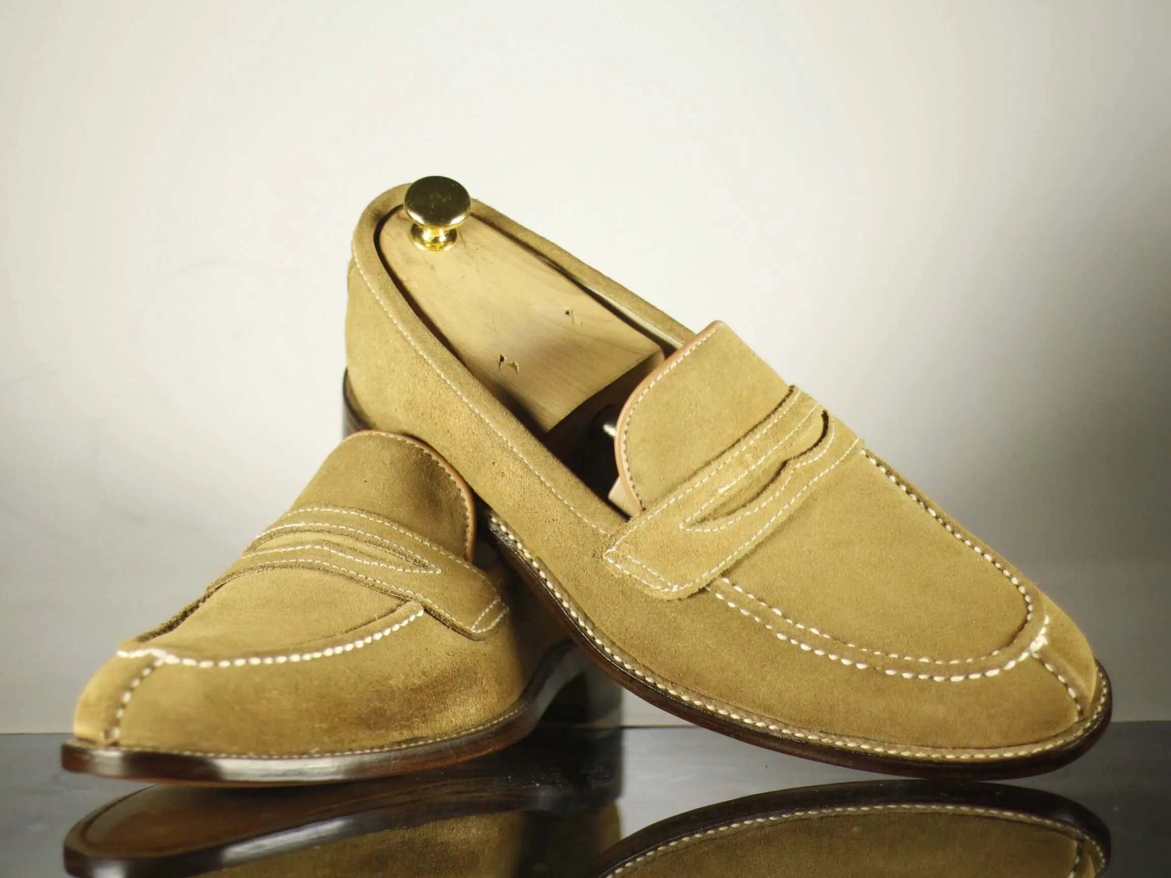 Bespoke Beige split toe Penny Loafer Leather Shoe for Men