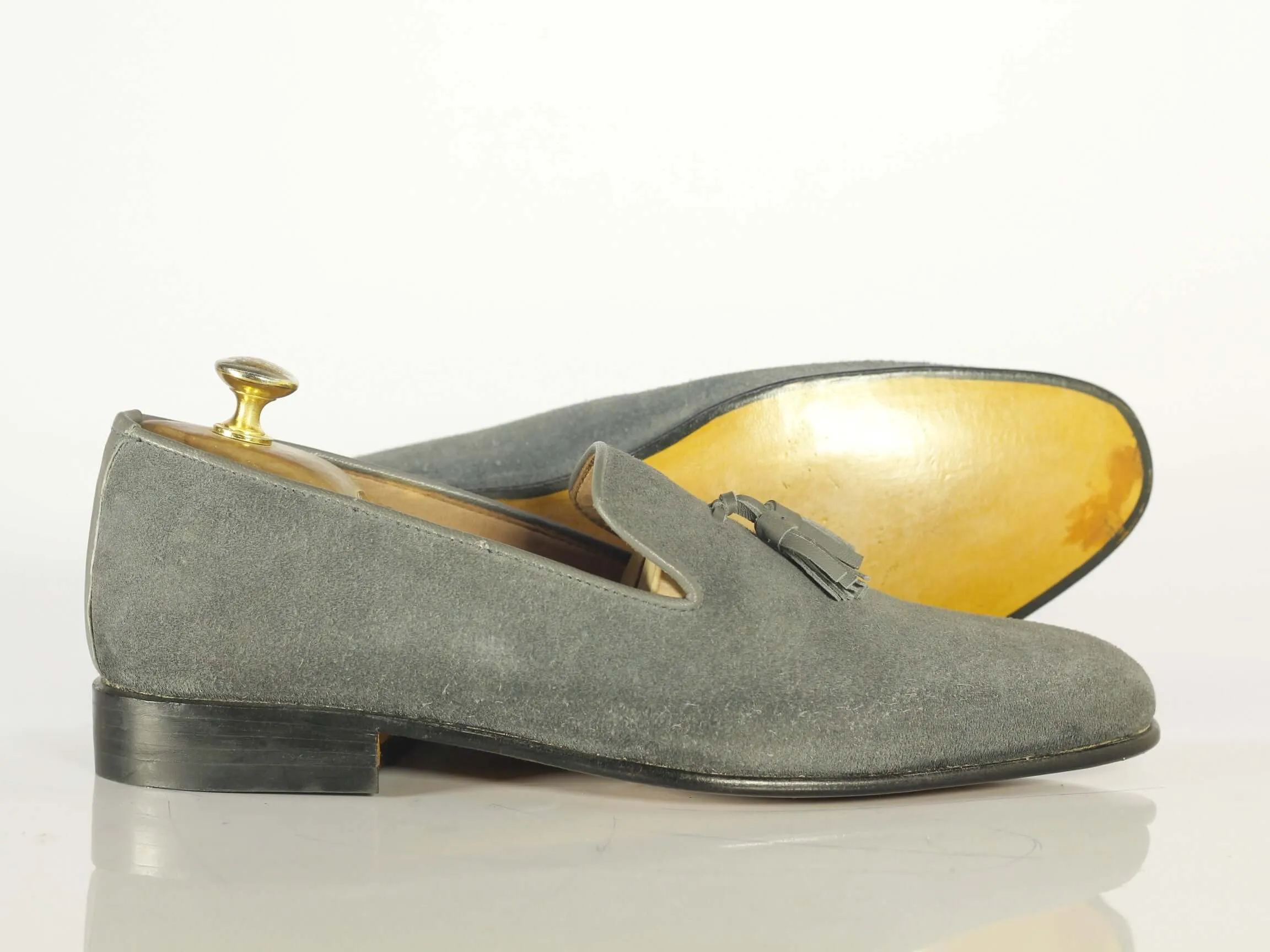 Bespoke Gray Tussles Penny Loafer Suede Shoes