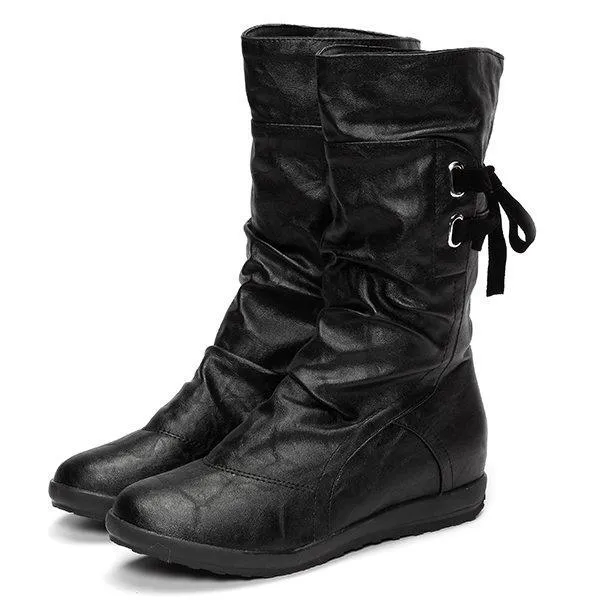 Big Size Pure Color Lace Up Mid Calf Flat Knight Boots