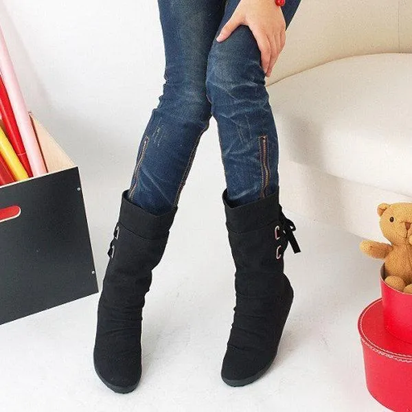 Big Size Pure Color Lace Up Mid Calf Flat Knight Boots