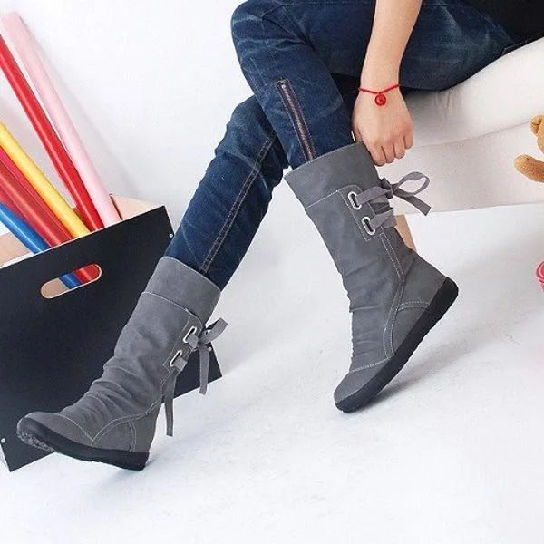 Big Size Pure Color Lace Up Mid Calf Flat Knight Boots