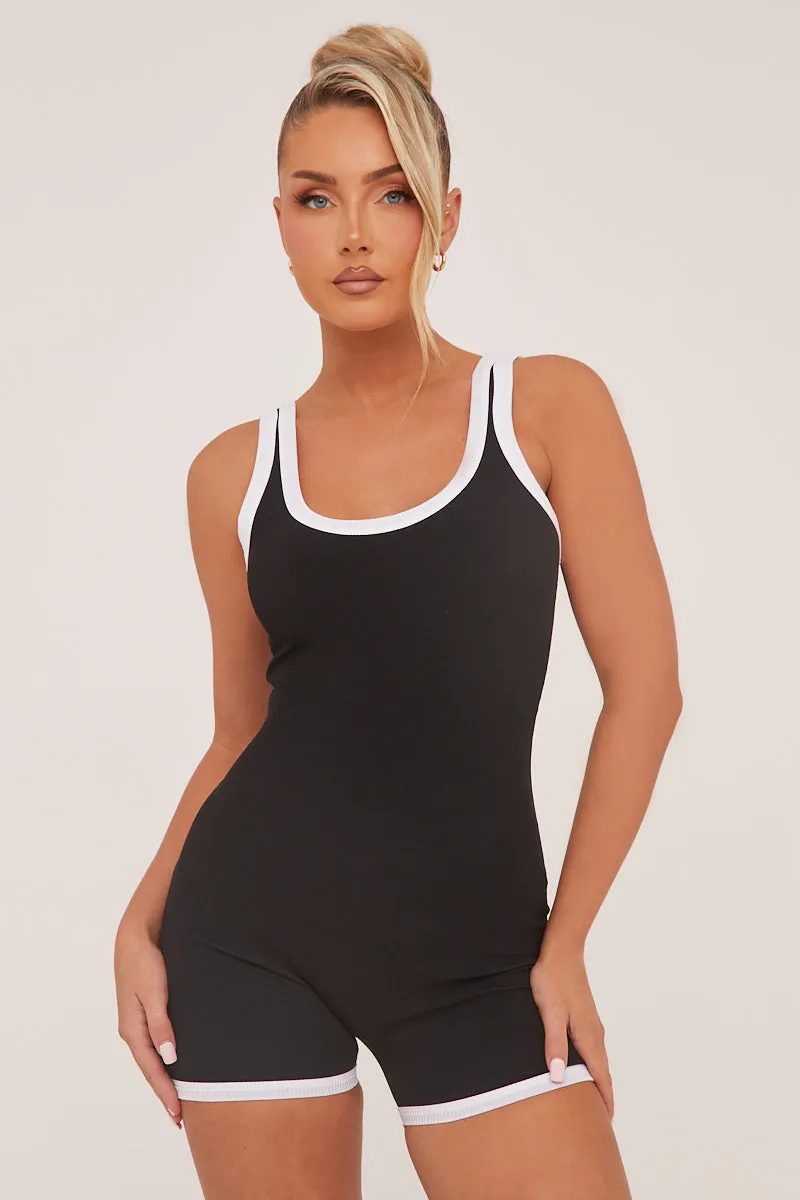 Black Contrast Binding Scoop Neck Unitard - Myra