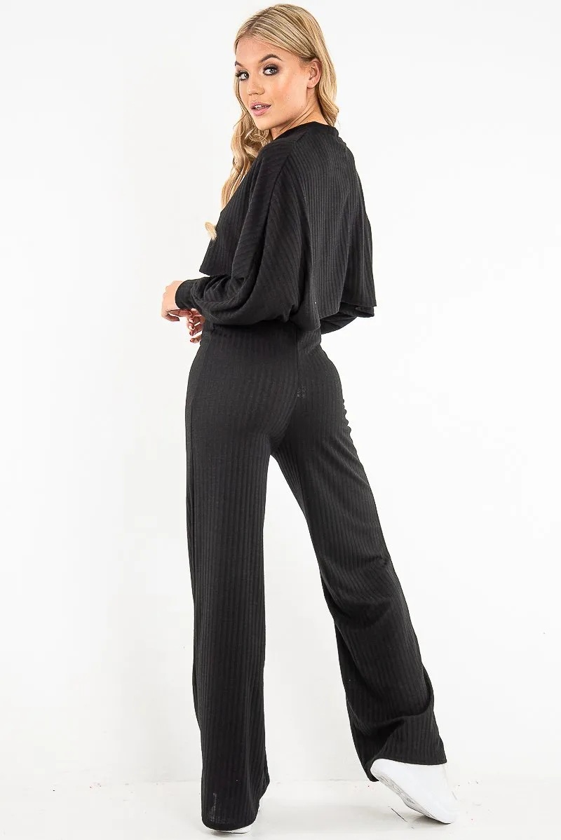 Black Rib Jersey Loungewear Co-Ord Set - Emsley