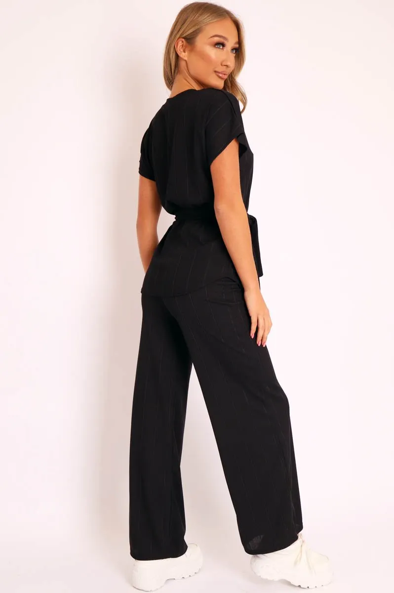 Black Ribbed Belted Top and Wide Leg Trouser Co-ord - Tyla