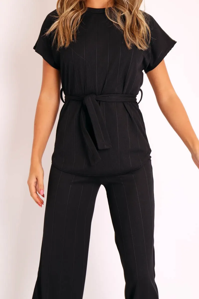 Black Ribbed Belted Top and Wide Leg Trouser Co-ord - Tyla