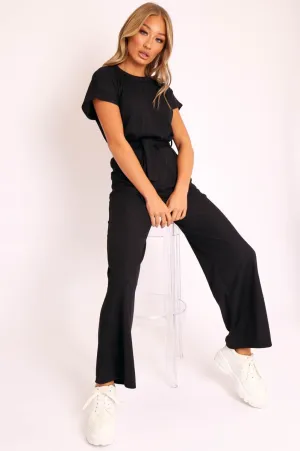 Black Ribbed Belted Top and Wide Leg Trouser Co-ord - Tyla