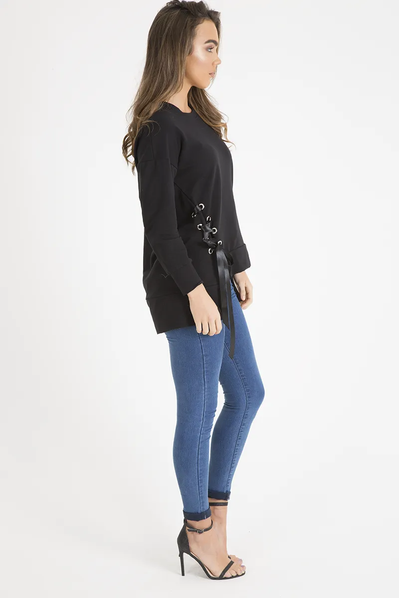 Black Ribbon Lace Up Dipped Hem Jumper - Wilma