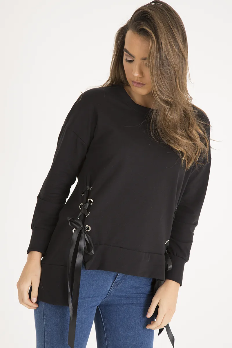 Black Ribbon Lace Up Dipped Hem Jumper - Wilma