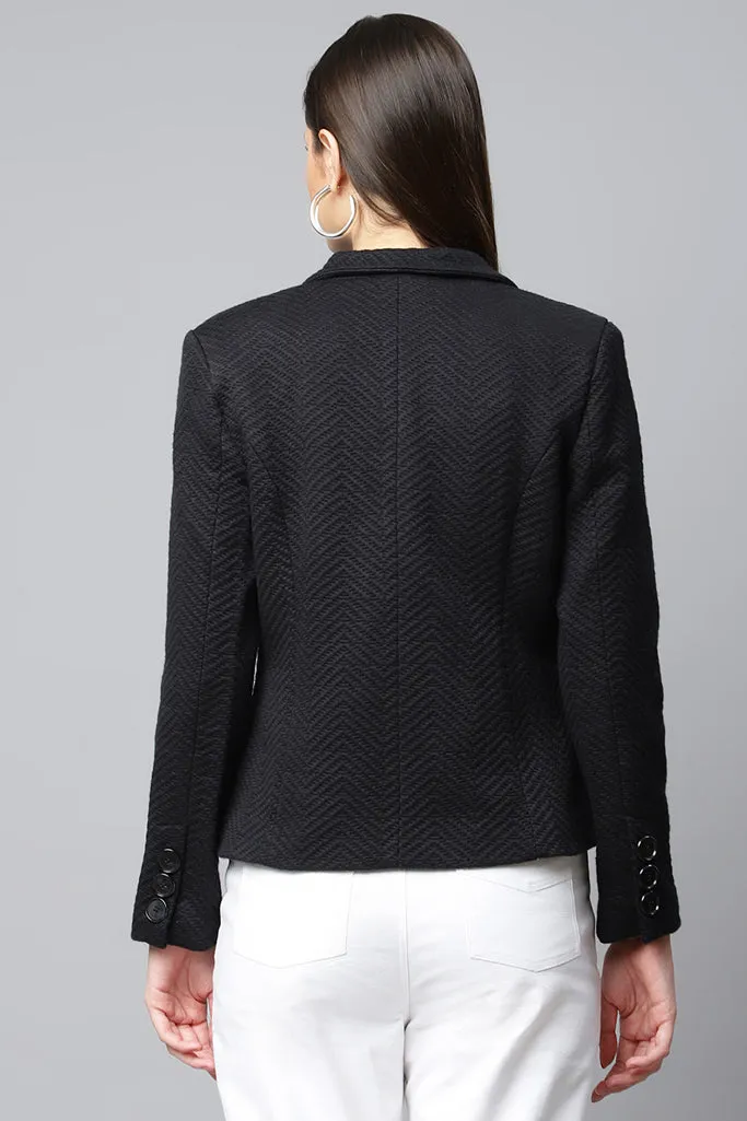 Black Self-Textured Peplum Style Jacket