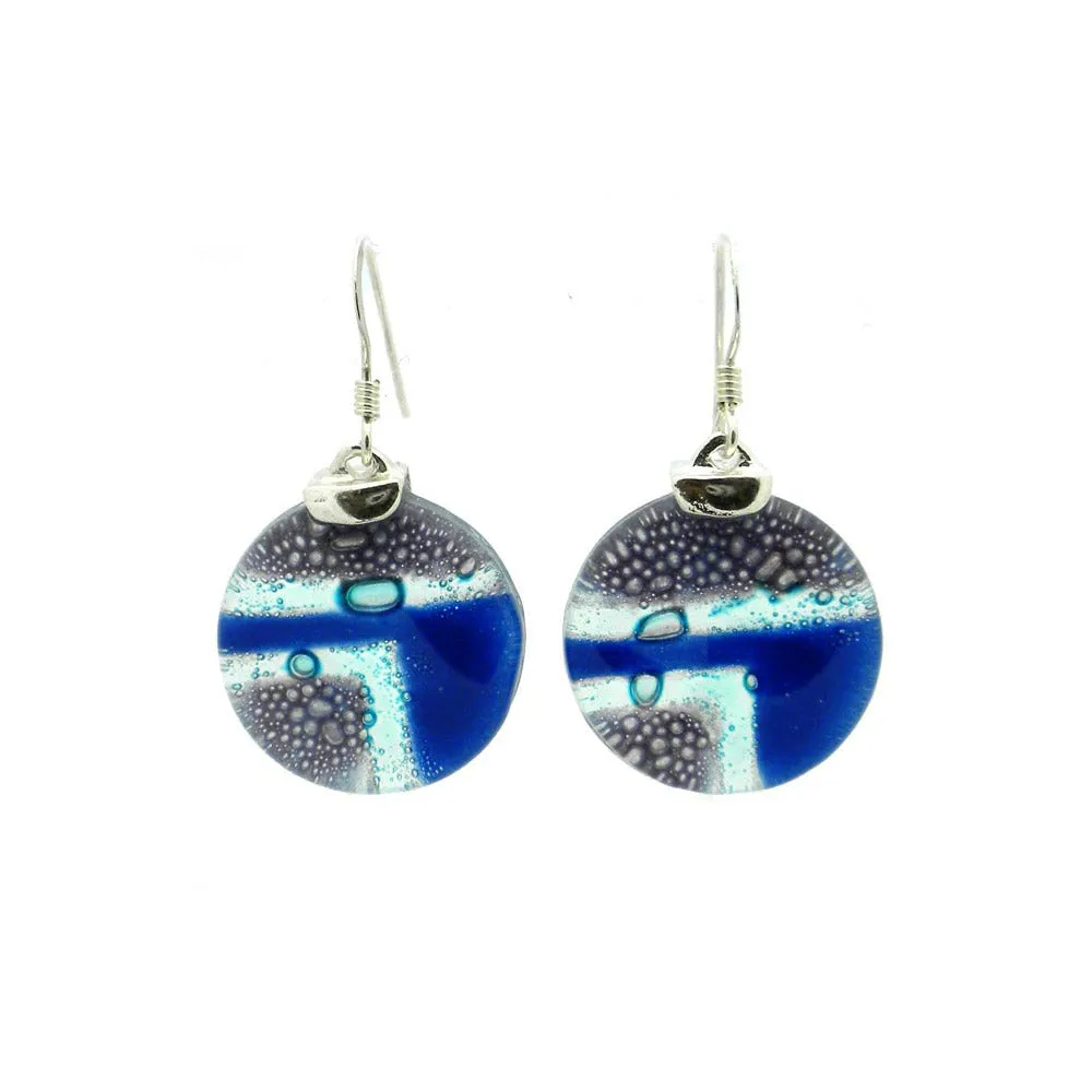 Blue Highway Round Fused Glass Earrings with Sterling Silver