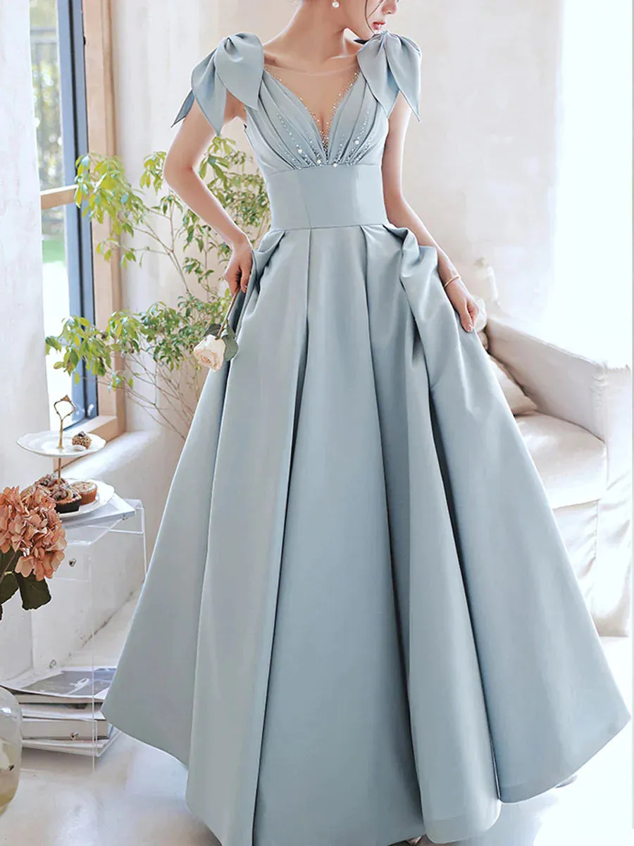 Blue V Neck Satin Beads Long Prom Dress Bow on Shoulder