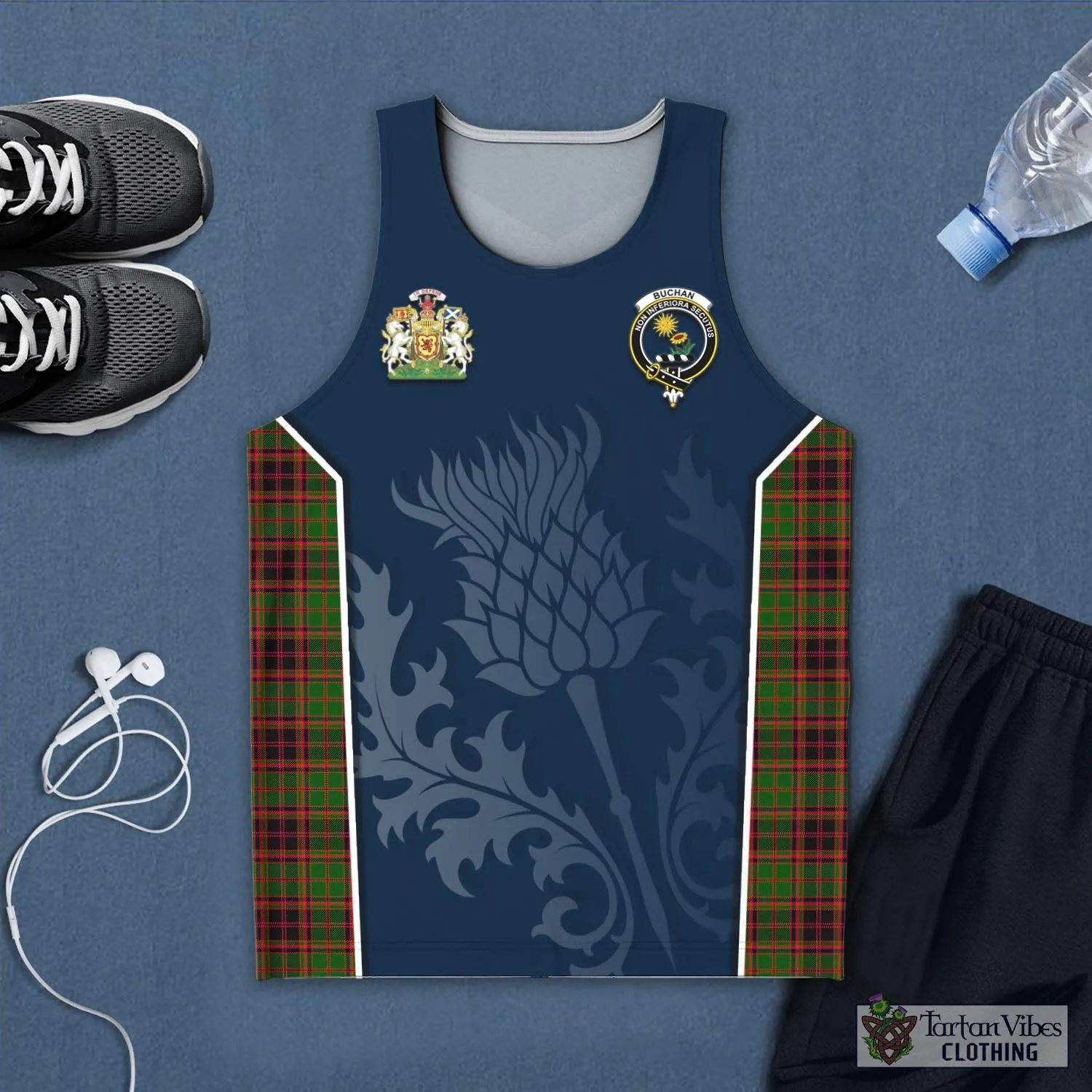 Buchan Tartan Men's Tanks Top with Family Crest and Scottish Thistle Vibes Sport Style