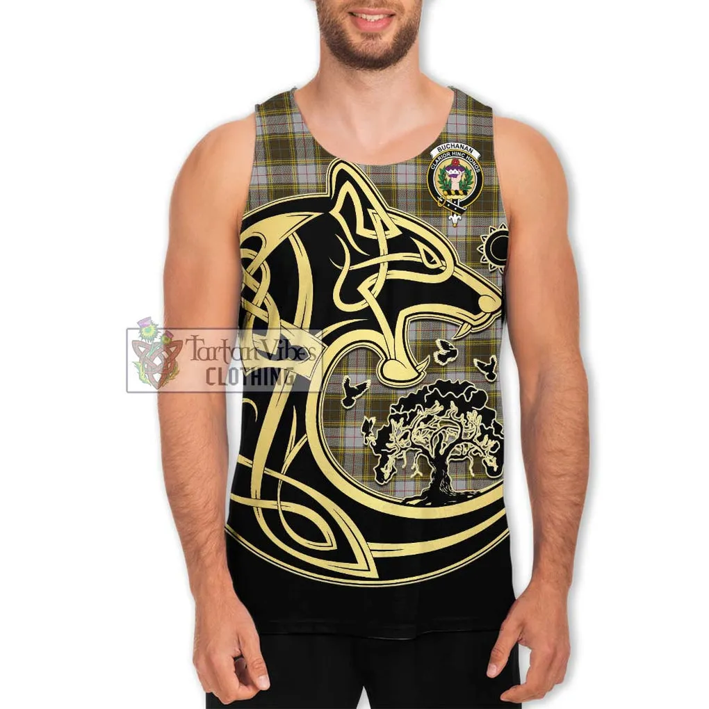 Buchanan Dress Tartan Men's Tank Top with Family Crest Celtic Wolf Style