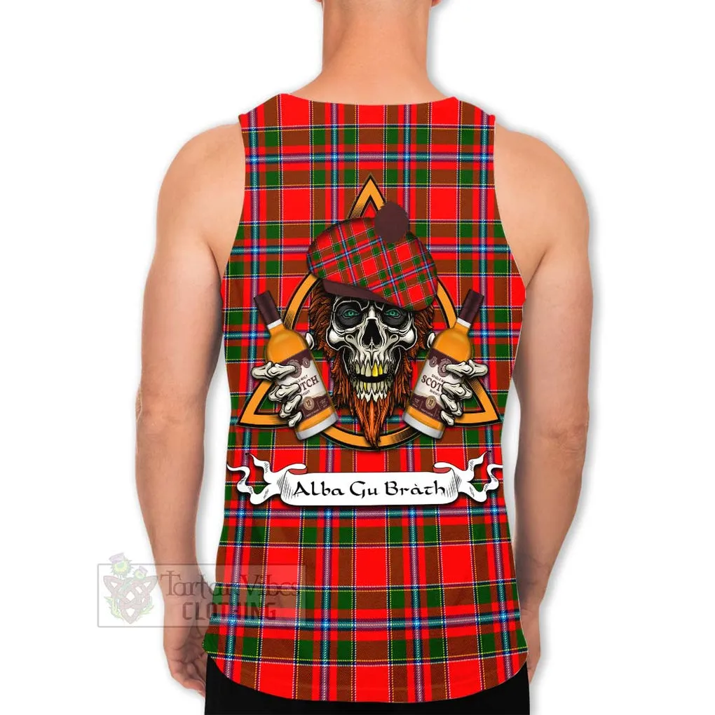 Butter Tartan Men's Tank Top with Family Crest and Bearded Skull Holding Bottles of Whiskey